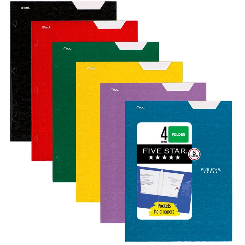 Five Star 4-Pocket Folder, 6 Pack, Paper Folder, Fits 3-Ring Binders, Holds 8-1/2" x 11" Paper, Assorted Colors (38056) - Image 1